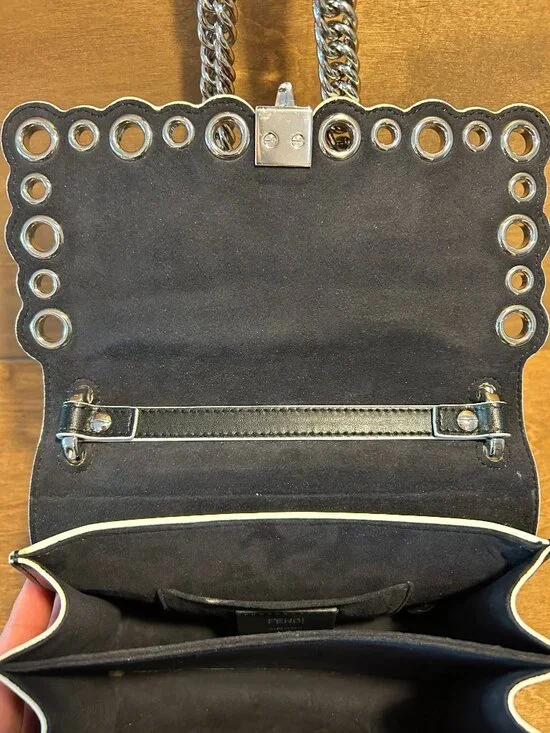 Authentic Fendi Kan Chain Shoulder Bag in Black Calfskin and Scalloped Snakeskin - Picture 10 of 12